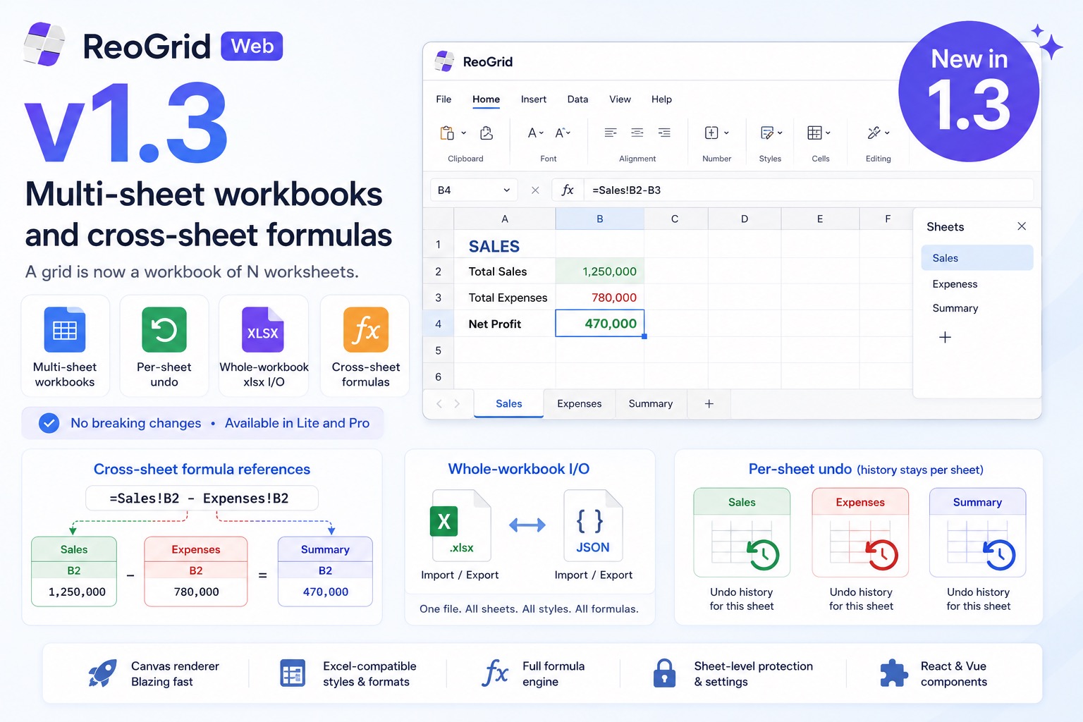 ReoGrid Web v1.3 — multi-sheet workbooks and cross-sheet formulas