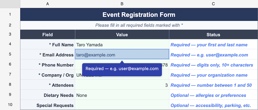 Cell Tooltip — Form Validation